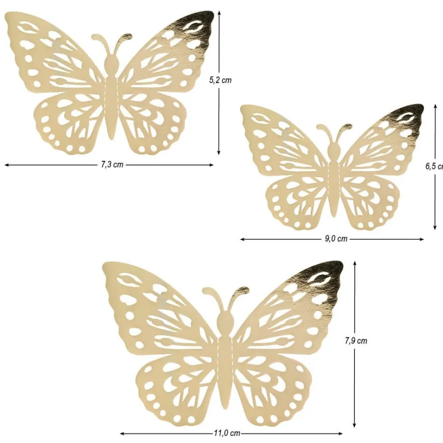 Laser-Aufleger Schmetterlinge, Design 1, je 2 Stück in 3 Größen, gold, spiegelnd, 6 Stück