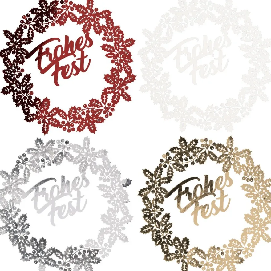 Laser-Kartenaufleger, Kranz Frohes Fest, 13,6cm x 13,8cm, 4 Farbtöne, 20 Stück