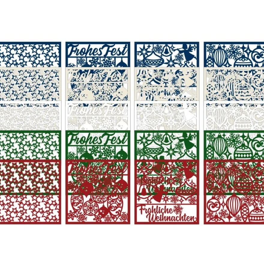 Laser-Kartenaufleger, Winter/Weihnachten 2, 14cm x14cm, 4 versch. Designs, 5 Farbtöne, 20 Stück