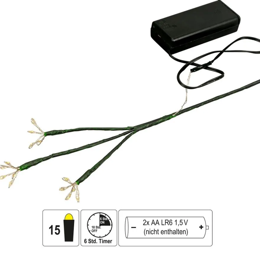 LED-Blumenstiel, mit 3 flexiblen Blütenstempeln, 25cm hoch, 15 LEDs in Warmweiß, mit Timer