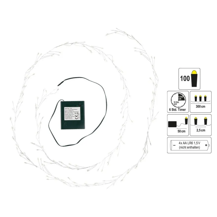 LED-Cluster-Drahtlichterkette, 100 LEDs in Warmweiß, 2,5cm Lichtabstand, inkl. Timer