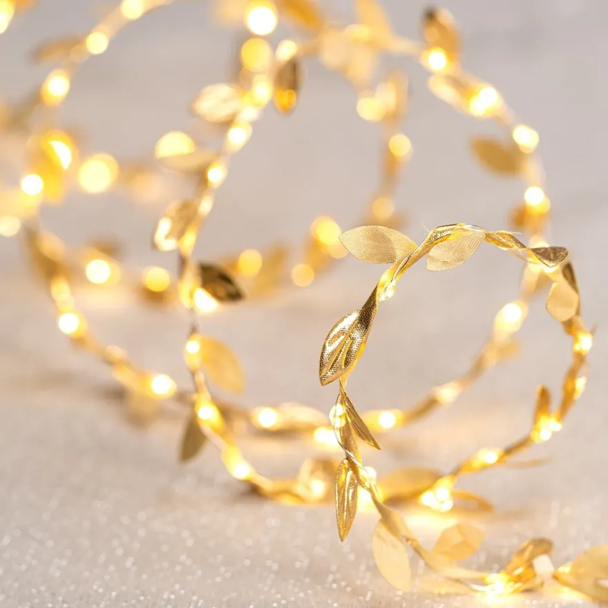 LED-Draht-Lichterkette mit goldenen Blättern, 100 LEDs in Warmweiß, 1,80m lang, Timer