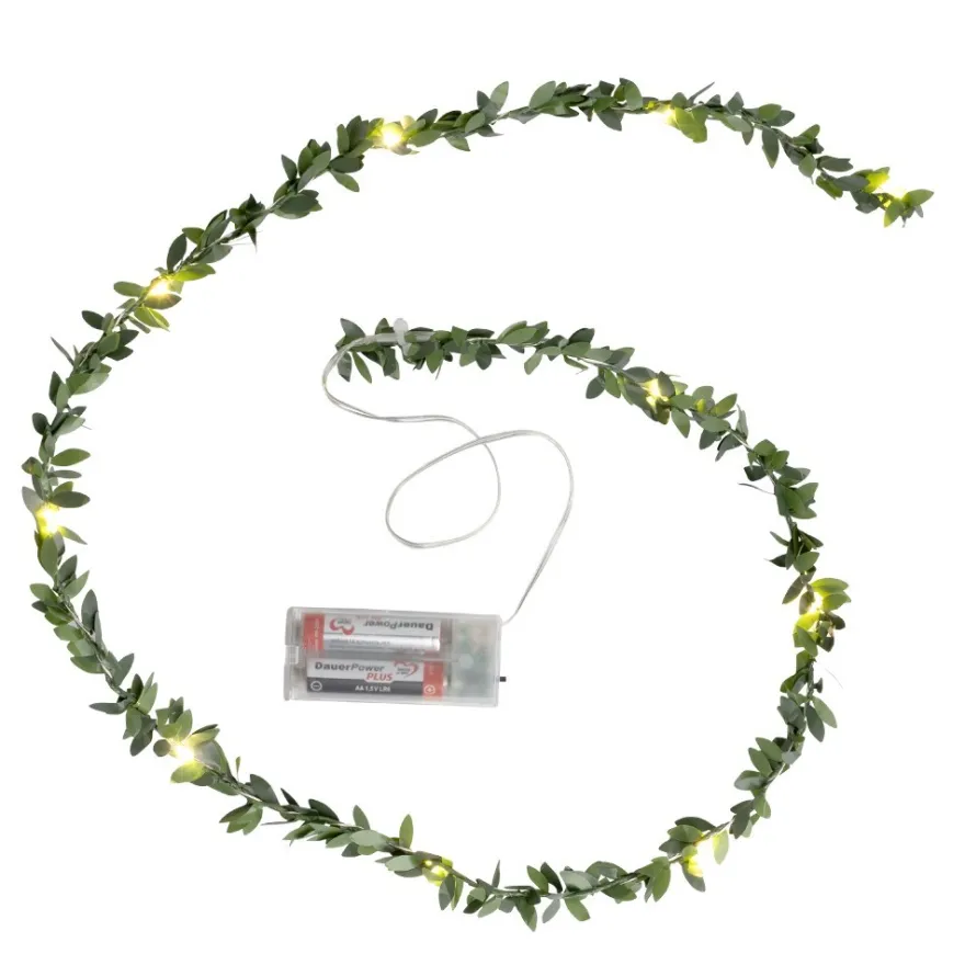 LED-Drahtlichterkette, mit grünen Blättern, 10 LEDs in Warmweiß, 1,25m lang, Timer