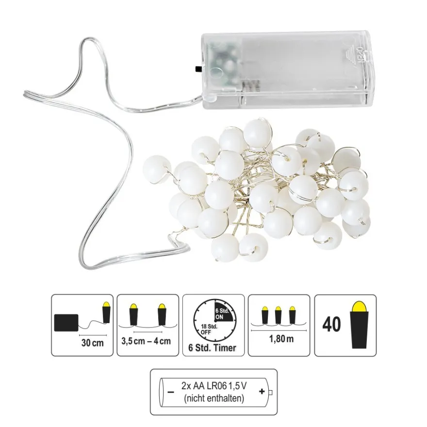 LED-Drahtlichterkette, mit weißen Perlen, 40 LEDs, warmweiß, 1,80m lang, inkl. Timer