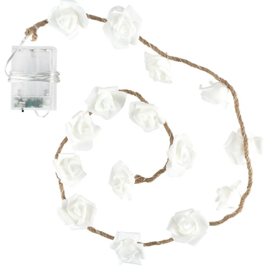 LED-Drahtlichterkette, Rosen an edlem Juteseil, weiß, 15 LED-Lämpchen in Warmweiß, inkl. Timer