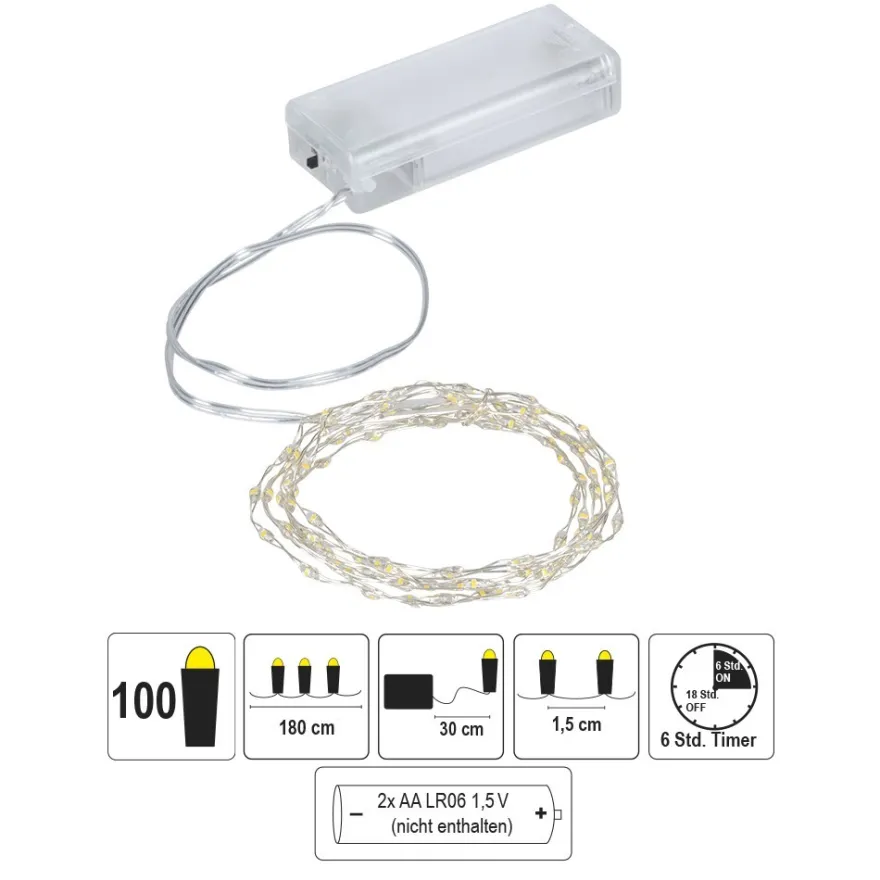 LED-Draht-Lichterkette, warmweiß, 1,5cm Lichtabstand, inkl. Timer, 100er