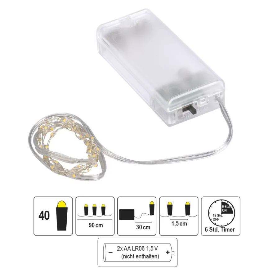 LED-Draht-Lichterkette, warmweiß, 1,5cm Lichtabstand, inkl. Timer, 40er
