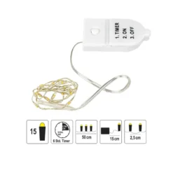 LED-Draht-Lichterkette, warmweiß, 2,5cm Lichtabstand, inkl. Timer, 15er