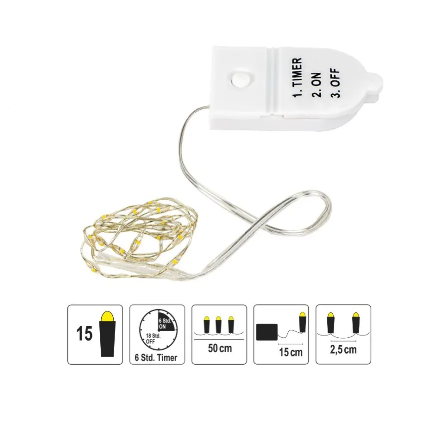 LED-Draht-Lichterkette, warmweiß, 2,5cm Lichtabstand, inkl. Timer, 15er