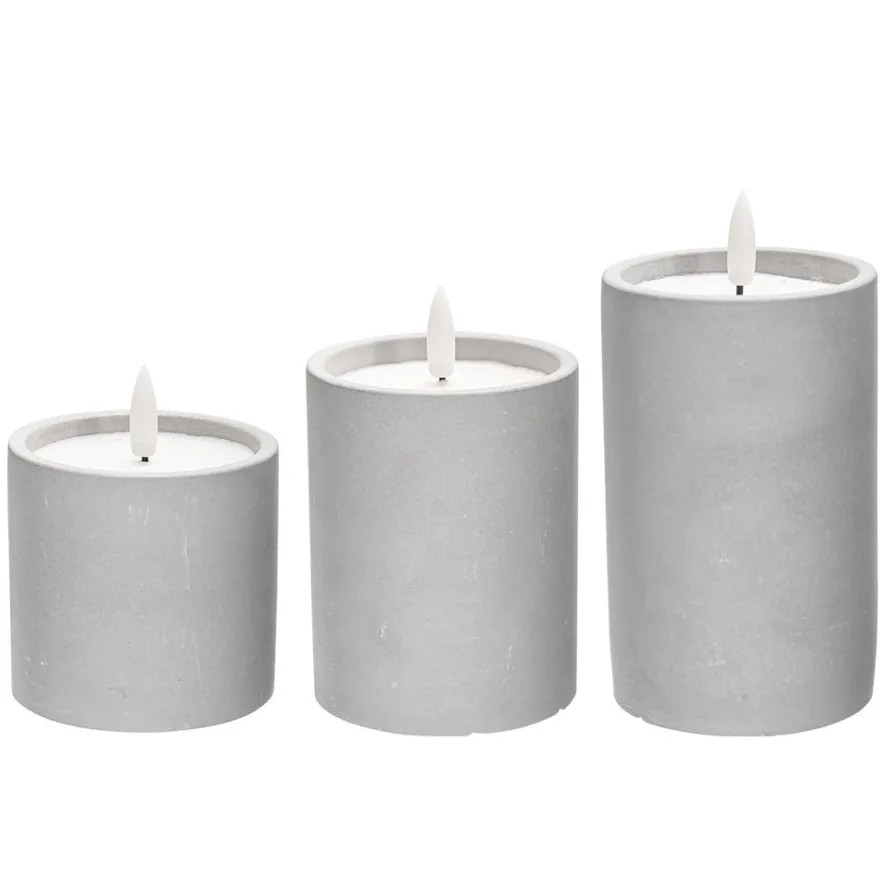 LED-Echtwachskerzen in Beton-Gefäß, 7,4-12,4cm hoch, rund & glatt, inkl. Timer, 3 Stück
