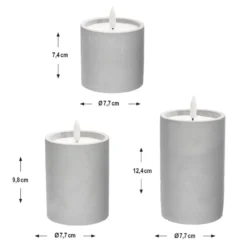LED-Echtwachskerzen in Beton-Gefäß, 7,4-12,4cm hoch, rund & glatt, inkl. Timer, 3 Stück