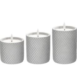 LED-Echtwachskerzen in Beton-Gefäß, 8-12cm hoch, rund mit Rauten-Muster, inkl. Timer, 3 Stück
