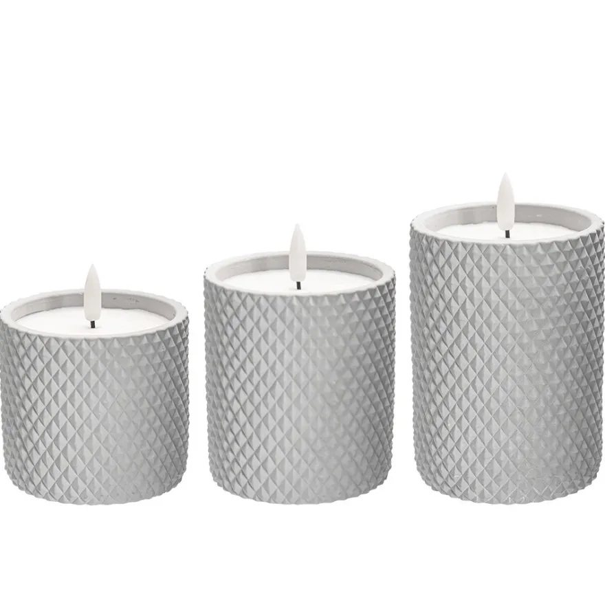 LED-Echtwachskerzen in Beton-Gefäß, 8-12cm hoch, rund mit Rauten-Muster, inkl. Timer, 3 Stück
