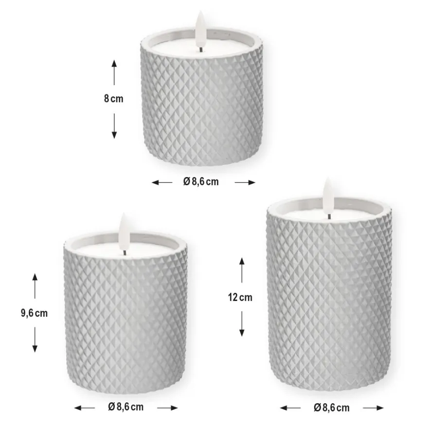 LED-Echtwachskerzen in Beton-Gefäß, 8-12cm hoch, rund mit Rauten-Muster, inkl. Timer, 3 Stück