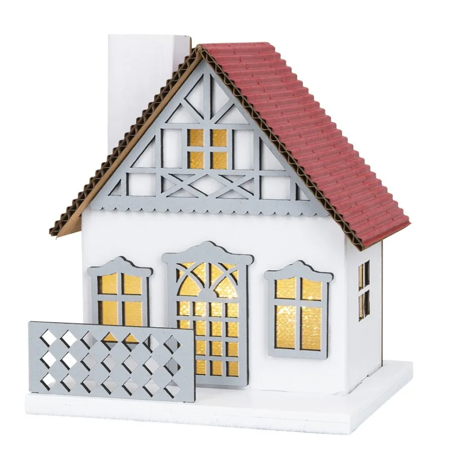 LED-Haus, rotes Dach, mit Lichteffekt-Folie, 9,5cm x 8,2cm x 11cm