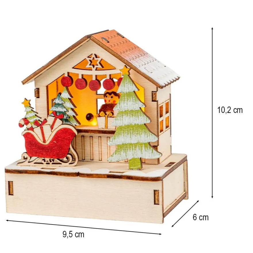LED-Haus, Weihnachtsmarktszene 1, 9,5cm x 6cm x 10,2cm, warmweiß mit Timer