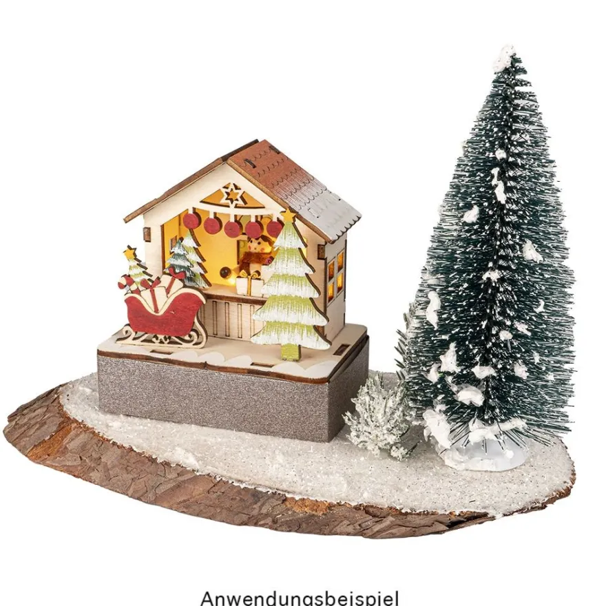 LED-Haus, Weihnachtsmarktszene 1, 9,5cm x 6cm x 10,2cm, warmweiß mit Timer