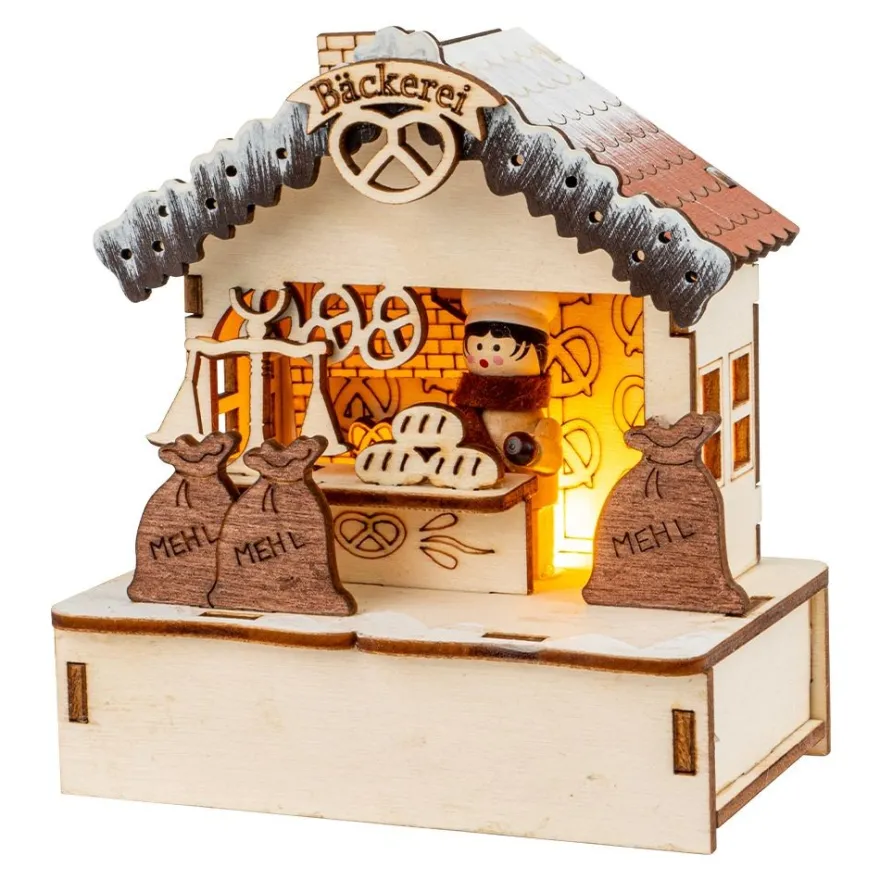 LED-Haus, Weihnachtsmarktszene 3, 9,5cm x 6cm x 10,5cm, warmweiß mit Timer