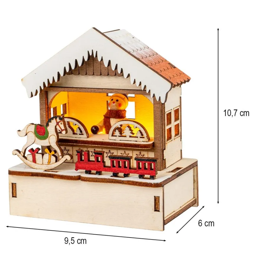 LED-Haus, Weihnachtsmarktszene 2, 9,5cm x 6cm x 10,7cm, warmweiß mit Timer
