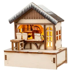 LED-Haus, Weihnachtsmarktszene 4, 9,5cm x 6cm x 10,4cm, warmweiß mit Timer