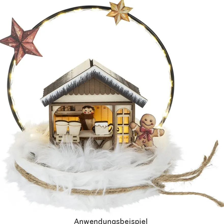 LED-Haus, Weihnachtsmarktszene 4, 9,5cm x 6cm x 10,4cm, warmweiß mit Timer