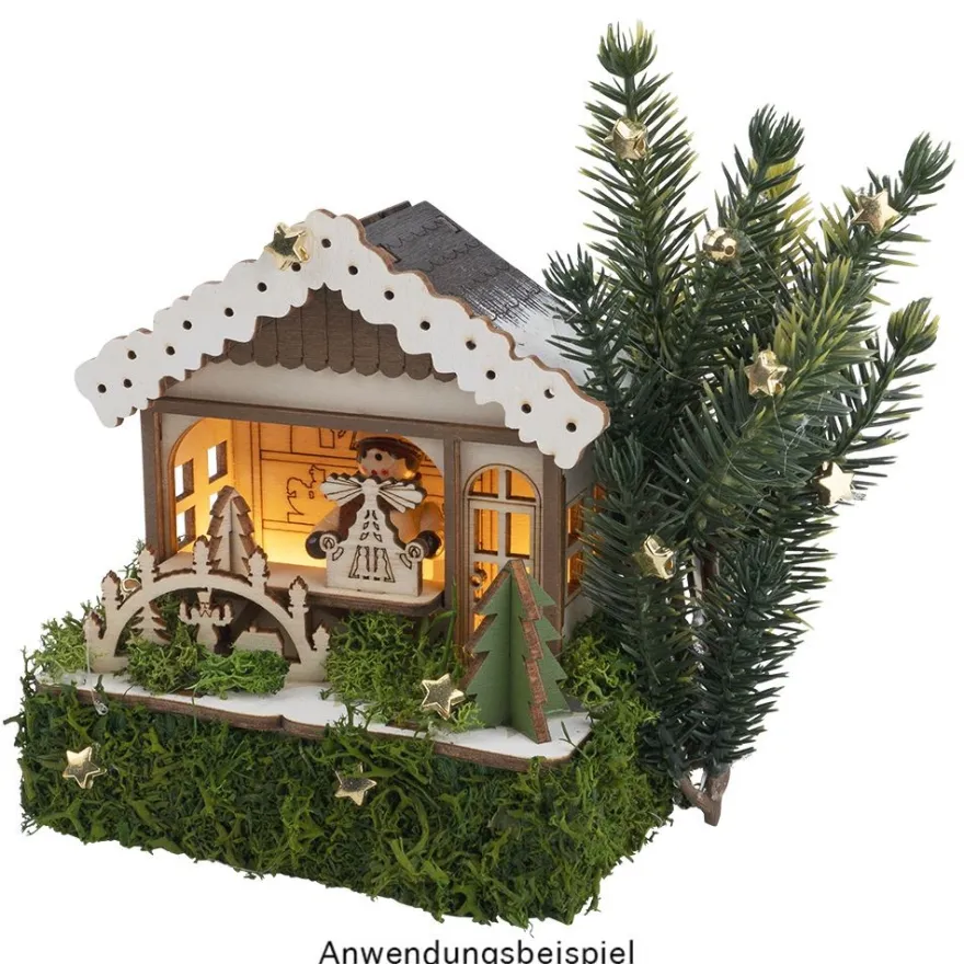 LED-Haus, Weihnachtsmarktszene 5, 9,5cm x 6cm x 10,7cm, warmweiß mit Timer