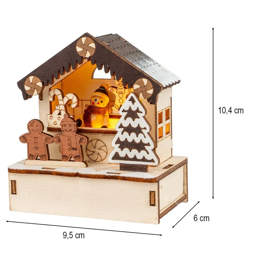 LED-Haus, Weihnachtsmarktszene 6, 9,5cm x 6cm x 10,6cm, warmweiß mit Timer