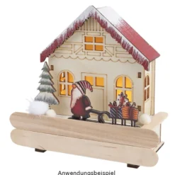 LED-Haus, Wichtel mit Schlitten, 12cm x 6cm x 14cm, warmweiß mit Timer