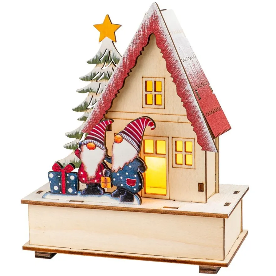 LED-Haus, Wichtelpaar, 12cm x 6cm x 14cm, warmweiß mit Timer