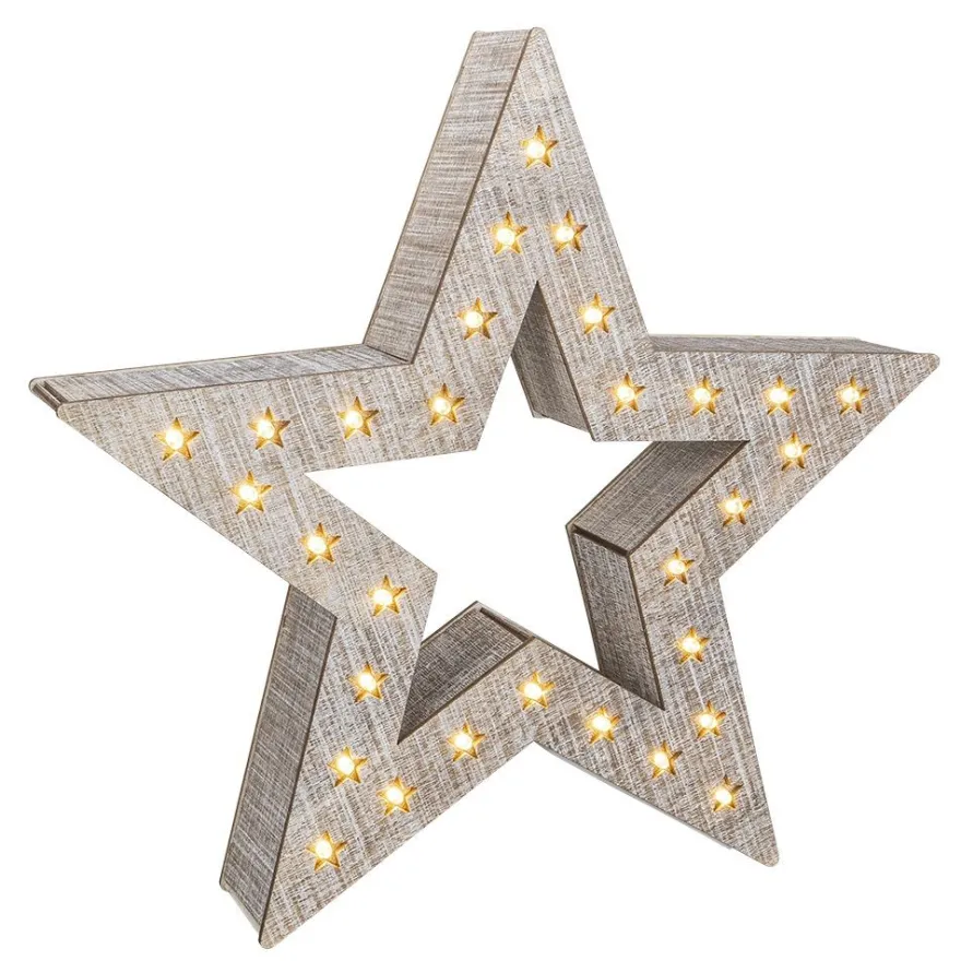 LED-Holz-Stern, 30cm x 29,5cm x 5,3cm, 30 LEDs, warmweiß, inkl. Timer