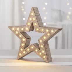 LED-Holz-Stern, 30cm x 29,5cm x 5,3cm, 30 LEDs, warmweiß, inkl. Timer