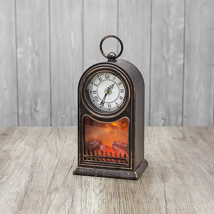 LED-Kaminfeuer, Uhr, 15cm x 12cm, 27,5cm, mit funktionstüchtigem Uhrwerk, Timer