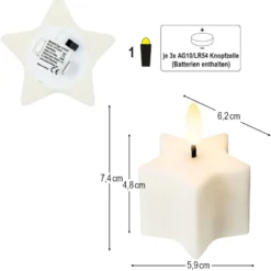 LED-Kerzen, Stern, creme, 6,2cm x 5,9cm x 7,4cm, warmweiß, Flacker-Effekt, 2 Stück