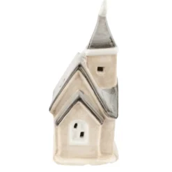 LED-Kirche, Porzellan, farbig, 12,5cm x 7cm x 5,2cm, 1 LED-Lämpchen warmweiß, inkl. 2 Knopfzellen