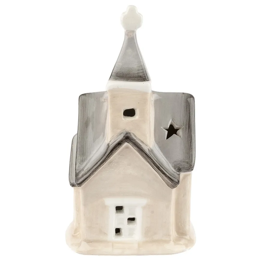 LED-Kirche, Porzellan, farbig, 12,5cm x 7cm x 5,2cm, 1 LED-Lämpchen warmweiß, inkl. 2 Knopfzellen