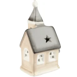 LED-Kirche, Porzellan, farbig, 12,5cm x 7cm x 5,2cm, 1 LED-Lämpchen warmweiß, inkl. 2 Knopfzellen
