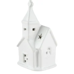 LED-Kirche, Porzellan, weiß, 12,5cm x 7cm x 5,2cm, 1 LED-Lämpchen warmweiß, inkl. 2 Knopfzellen