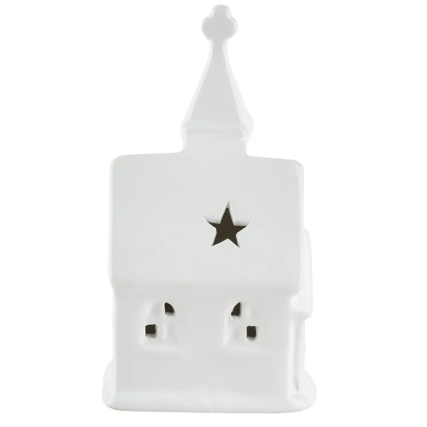 LED-Kirche, Porzellan, weiß, 12,5cm x 7cm x 5,2cm, 1 LED-Lämpchen warmweiß, inkl. 2 Knopfzellen