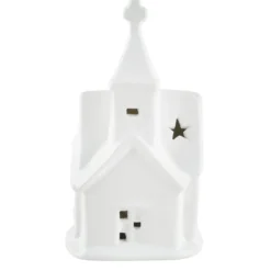 LED-Kirche, Porzellan, weiß, 12,5cm x 7cm x 5,2cm, 1 LED-Lämpchen warmweiß, inkl. 2 Knopfzellen