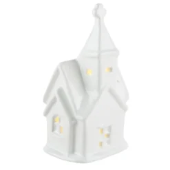 LED-Kirche, Porzellan, weiß, 12,5cm x 7cm x 5,2cm, 1 LED-Lämpchen warmweiß, inkl. 2 Knopfzellen