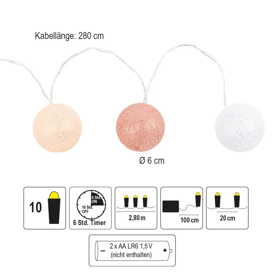 LED-Lichterkette Baumwollkugeln, Ø 6cm, 10 Kugeln in 3 Farben, weiß/altrosa/apricot, inkl. Timer,