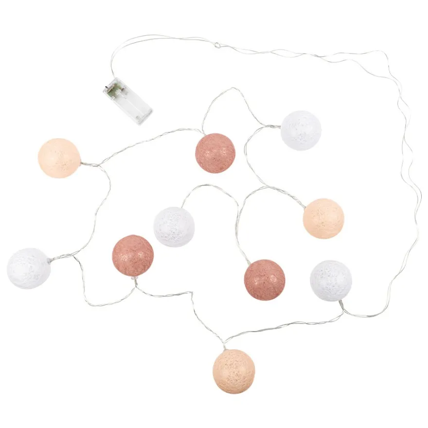 LED-Lichterkette Baumwollkugeln, Ø 6cm, 10 Kugeln in 3 Farben, weiß/altrosa/apricot, inkl. Timer,