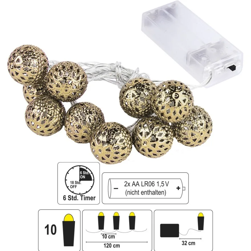 LED-Lichterkette "Champagner-Kugel", warmweiß, 10er, mit Timerfunktion