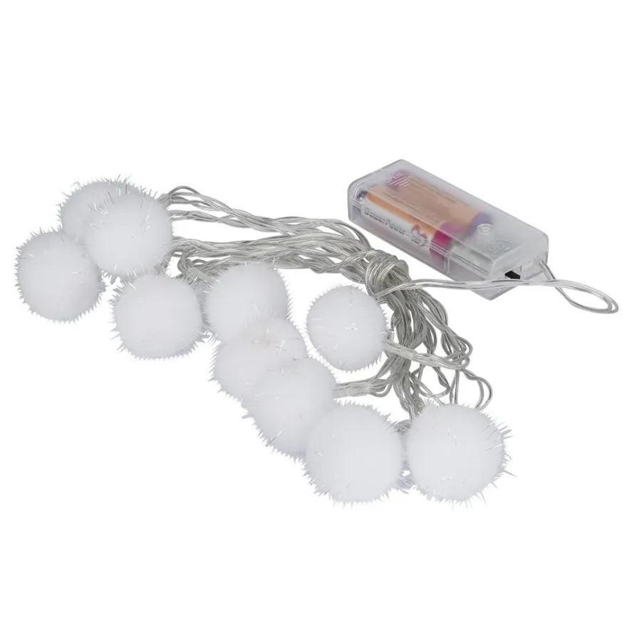 LED-Lichterkette, irisierende Pompons, weiß, 10 LEDs in Warmweiß, 3,5m lang, Timer