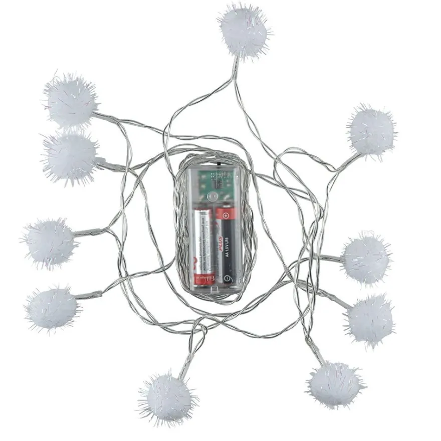 LED-Lichterkette, irisierende Pompons, weiß, 10 LEDs in Warmweiß, 3,5m lang, Timer