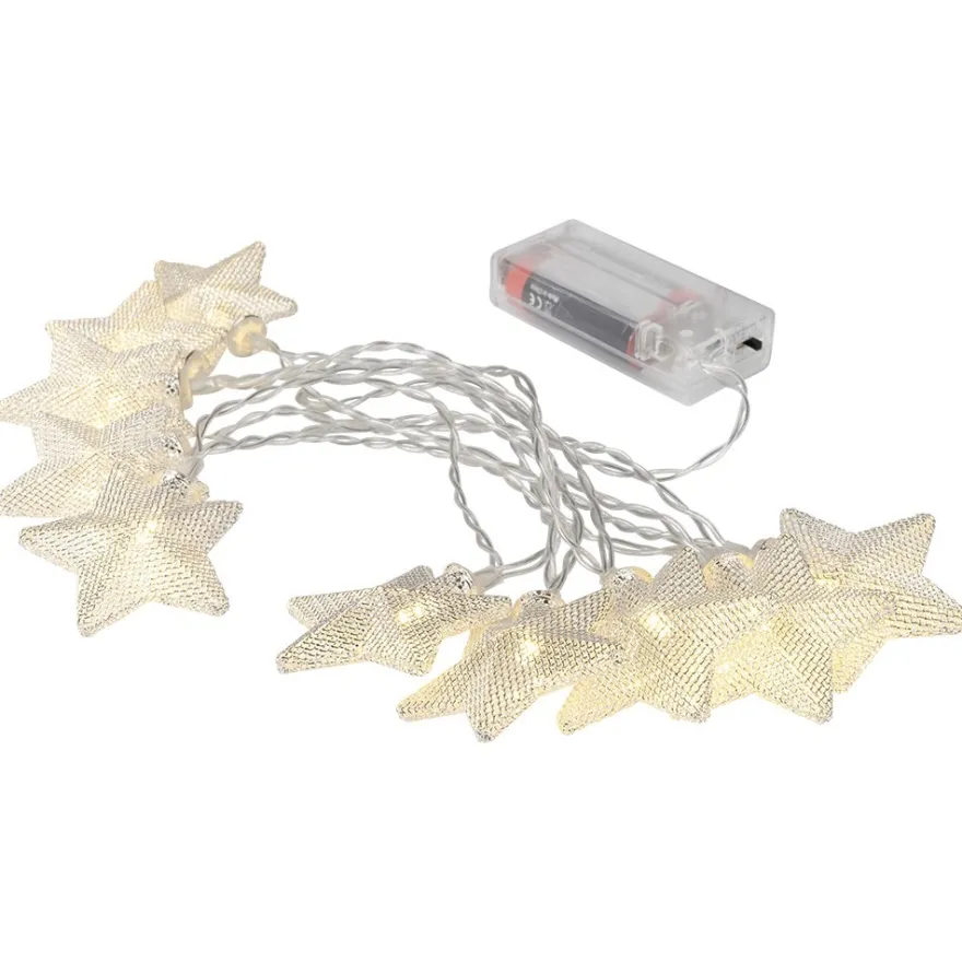 LED-Lichterkette, mit silbernen Sternen, 10 LEDs in Warmweiß, 1,6m lang, Timer