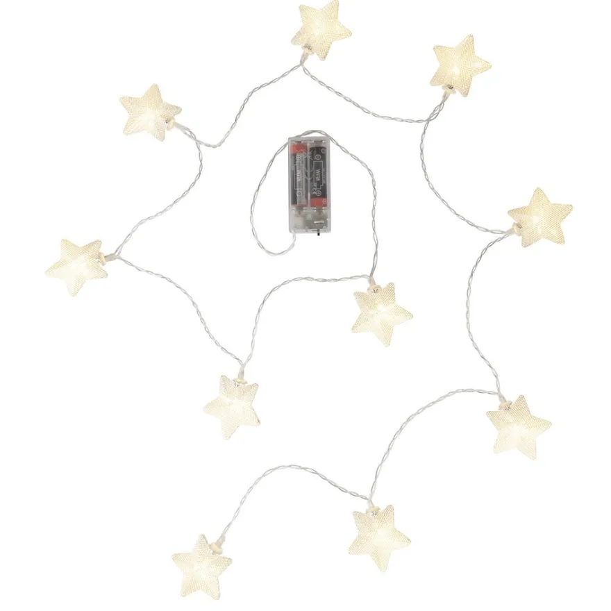 LED-Lichterkette, mit silbernen Sternen, 10 LEDs in Warmweiß, 1,6m lang, Timer