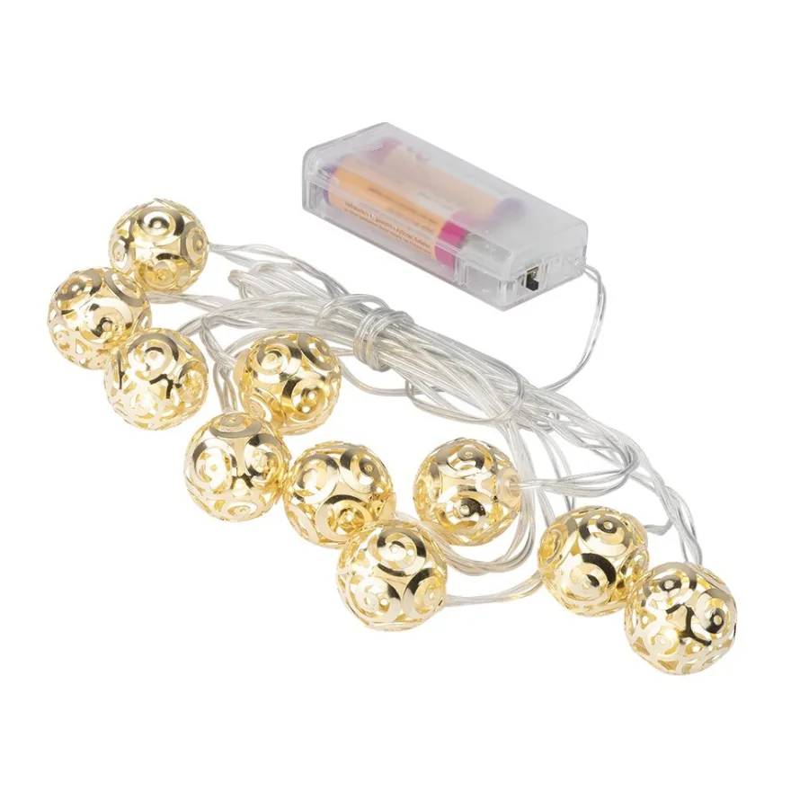LED-Lichterkette, Ornament-Kugeln 1, hellgold, 10 LEDs in Warmweiß, 3,05m lang, Timer