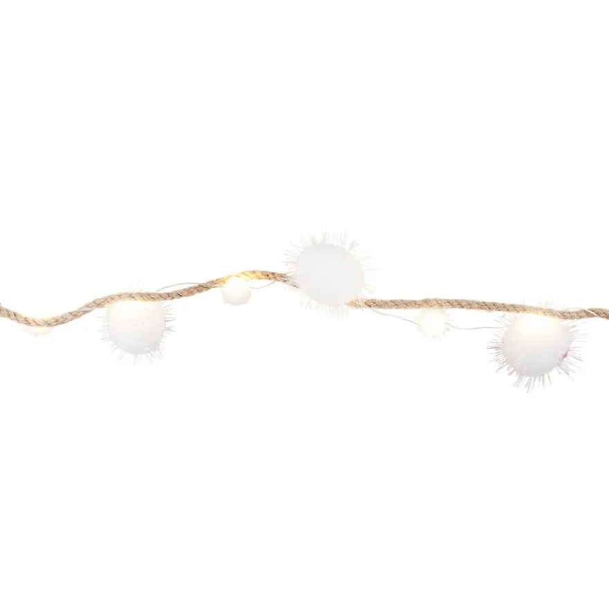 LED-Lichterkette, Pompons mit Juteband, 20 LED-Lämpchen in Warmweiß mit weiß-irisierenden Pompons