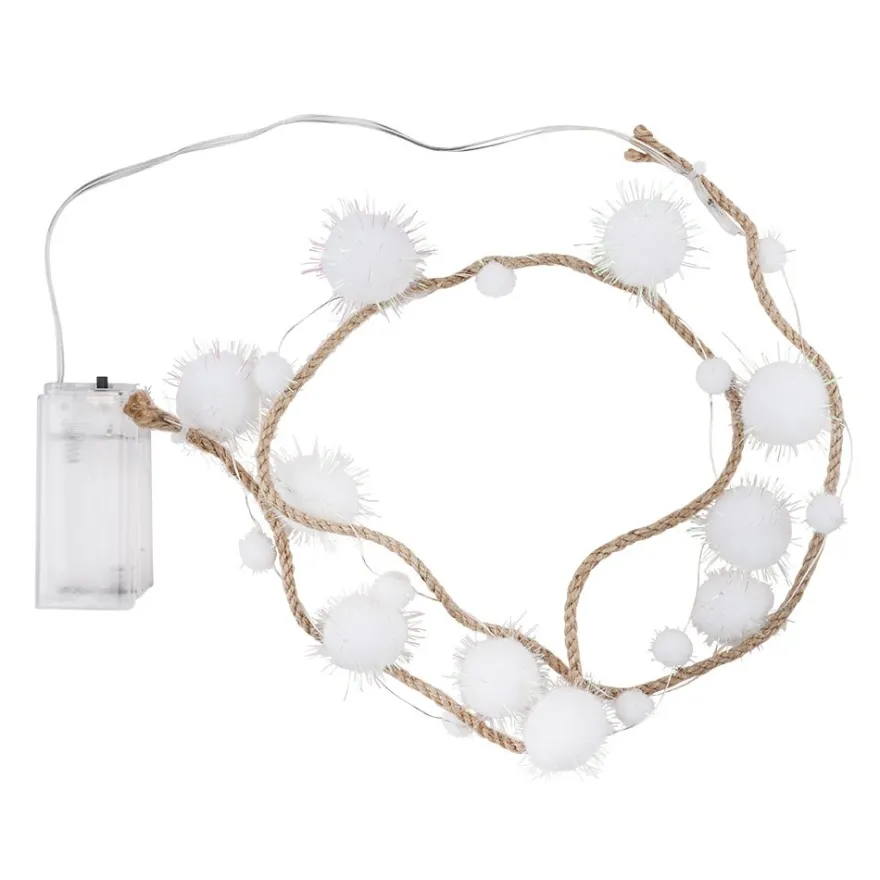 LED-Lichterkette, Pompons mit Juteband, 20 LED-Lämpchen in Warmweiß mit weiß-irisierenden Pompons